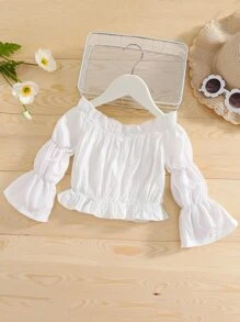 小女童一字肩花邊下擺上衣 - 白色 - 查看 1