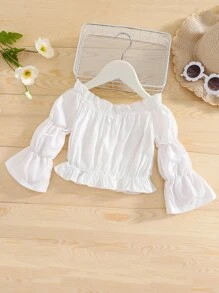 小女童一字肩花邊下擺上衣 - 白色 - 查看 2