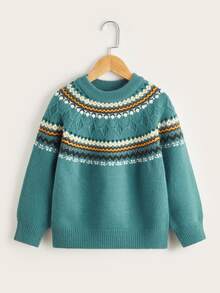 Girls Geo Pattern Raglan Sleeve Jumper - Green - View 1