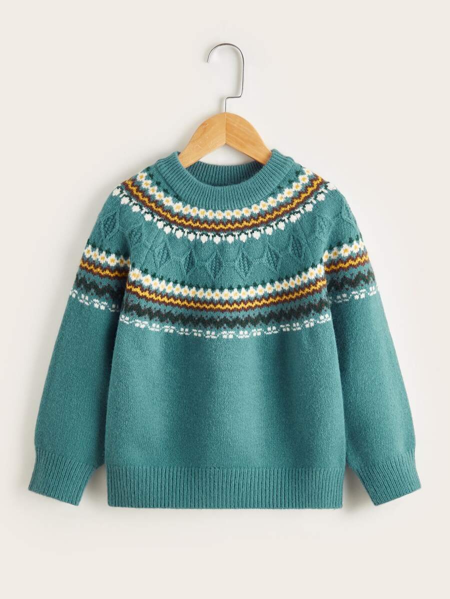 Girls Geo Pattern Raglan Sleeve Jumper - Green - View 1