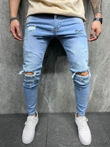Manfinity Hombres Jeans ajustados rotos - Lavado ligero - Ver 1