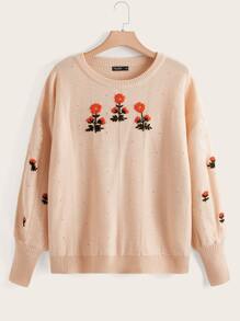 SHEIN Plus Floral Appliques Drop Shoulder Jumper - Apricot - View 1