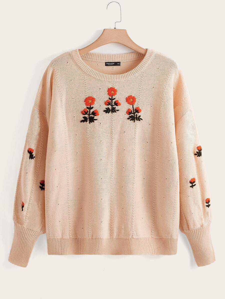 SHEIN Plus Floral Appliques Drop Shoulder Jumper - Apricot - View 1