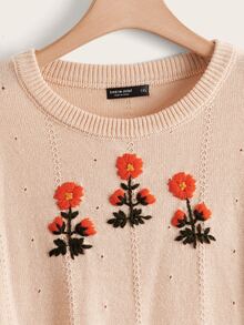 SHEIN Plus Floral Appliques Drop Shoulder Jumper - Apricot - View 4