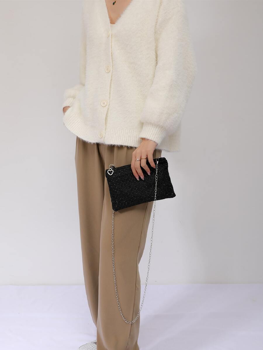 Glamorous Glitter Bling, paiete, lux, strălucitor, minimalist, decorare cu strasuri, geantă pătrată cu lanț, geantă de seară, geantă de cină pentru petrecere, femeie, mireasă, perfectă pentru petrecere, nuntă, bal, cină/banchet, pentru cocktail