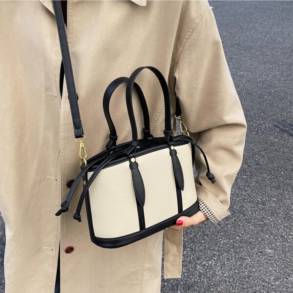 

Contrast Binding Bucket Bag, Beige