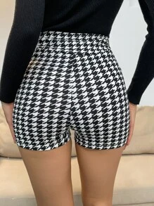 千鳥格印花緊身短褲 - 黑與白 - 查看 2