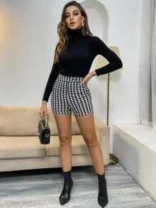 千鳥格印花緊身短褲 - 黑與白 - 查看 4