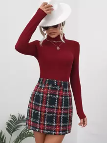 Turtleneck Tee & High Waist Tartan Skirt