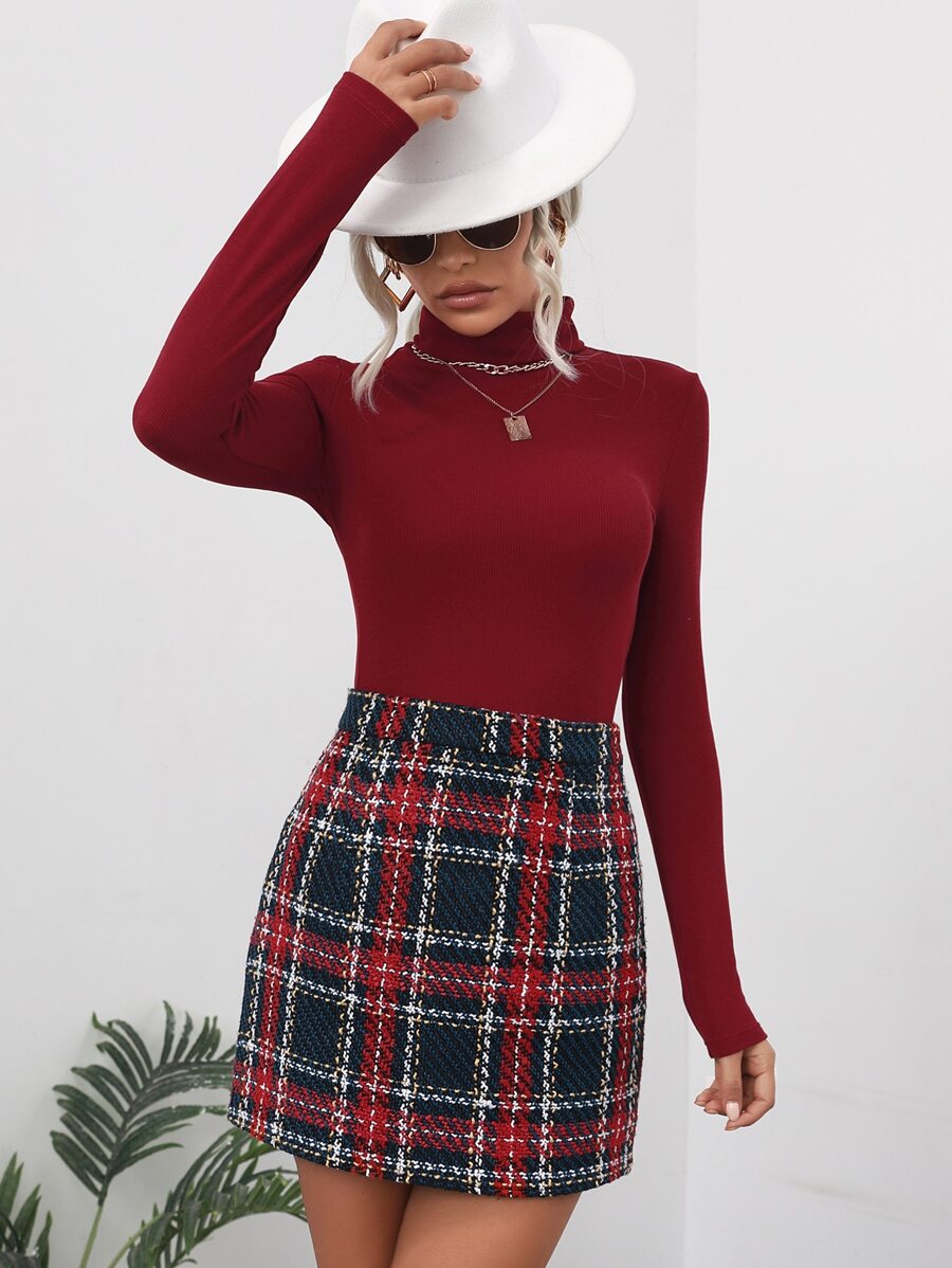 Turtleneck Tee & High Waist Tartan Skirt