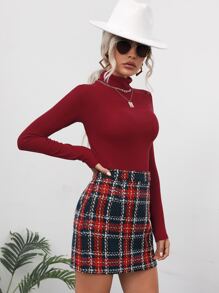 Turtleneck Tee & High Waist Tartan Skirt