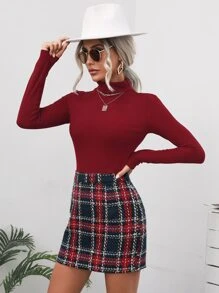 Turtleneck Tee & High Waist Tartan Skirt