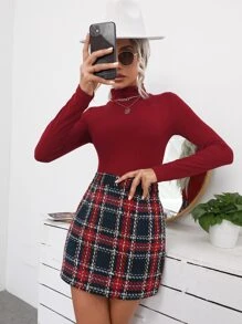 Turtleneck Tee & High Waist Tartan Skirt