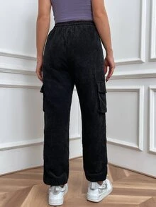 Joggers bolsillo de parche utility de cintura con cordón de pana - Negro - Ver 2