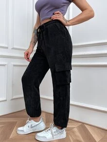 Joggers bolsillo de parche utility de cintura con cordón de pana - Negro - Ver 3