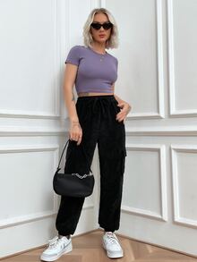 Joggers bolsillo de parche utility de cintura con cordón de pana - Negro - Ver 4