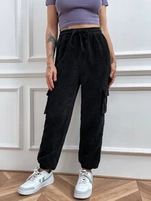 Joggers bolsillo de parche utility de cintura con cordón de pana - Negro - Ver 5