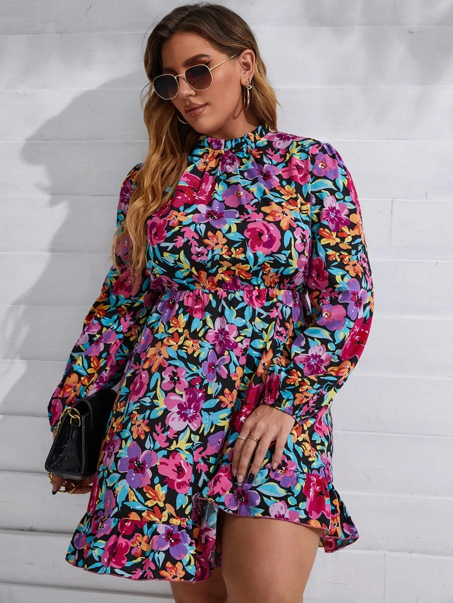 Breezaya Đầm Plus Size viền lá sen Viên lá sen Hoa Boho - Nhiều màu - Xem 1