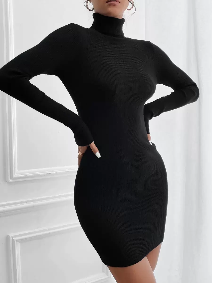 SHEIN Essnce Turtle Neck Bodycon Jumper Dress - Black - View 1