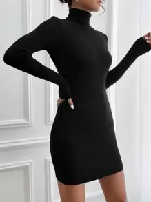 SHEIN Essnce Turtle Neck Bodycon Jumper Dress - Black - View 4