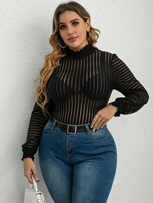 大碼網紗荷葉邊領口薄透不附胸罩上衣 - 黑色 - 查看 4