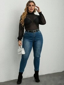 大碼網紗荷葉邊領口薄透不附胸罩上衣 - 黑色 - 查看 5