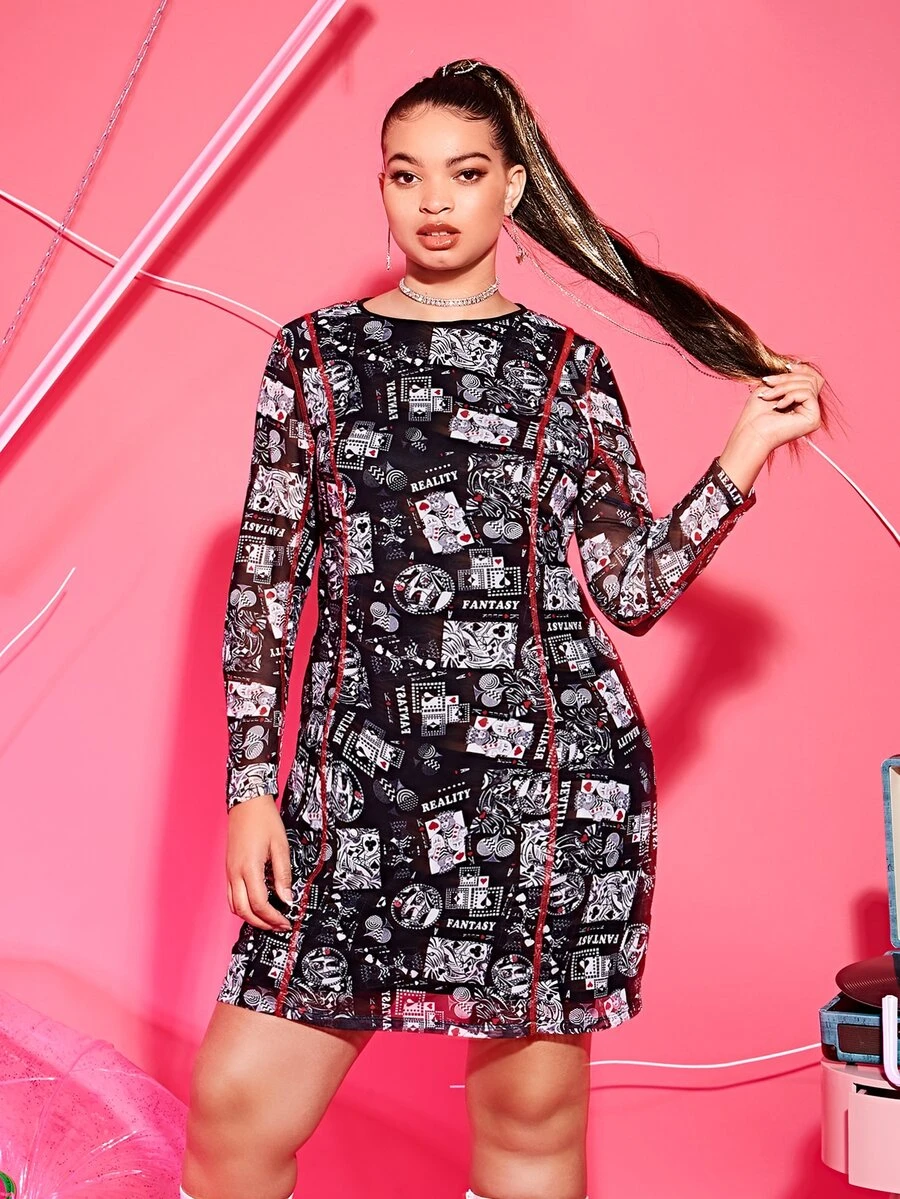 SHEIN Plus Letter & Playing Card Print Top-stitching Mesh Dress Without Lingerie - Multicolor - View 1