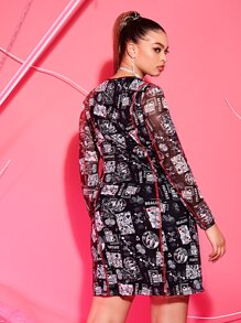 SHEIN Plus Letter & Playing Card Print Top-stitching Mesh Dress Without Lingerie - Multicolor - View 2