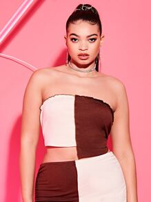 SHEIN Plus Two Tone Lettuce Trim Asymmetrical Hem Crop Tube Top - Multicolor - View 1