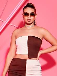 SHEIN Plus Two Tone Lettuce Trim Asymmetrical Hem Crop Tube Top - Multicolor - View 4