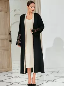 SHEIN Najma 水溶蕾絲拼接拼接邊腰帶阿拉伯罩袍 - 黑色 - 查看 1