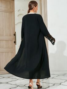 SHEIN Najma 水溶蕾絲拼接拼接邊腰帶阿拉伯罩袍 - 黑色 - 查看 2