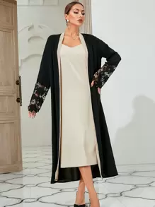 SHEIN Najma 水溶蕾絲拼接拼接邊腰帶阿拉伯罩袍 - 黑色 - 查看 5