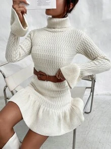 SHEIN Privé Turtleneck Flounce Sleeve Ruffle Hem Jumper Dress Without Belt - Beige - View 1