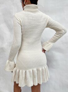 SHEIN Privé Turtleneck Flounce Sleeve Ruffle Hem Jumper Dress Without Belt - Beige - View 2