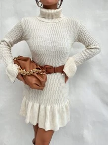 SHEIN Privé Turtleneck Flounce Sleeve Ruffle Hem Jumper Dress Without Belt - Beige - View 3