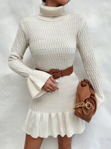 SHEIN Privé Turtleneck Flounce Sleeve Ruffle Hem Jumper Dress Without Belt - Beige - View 4