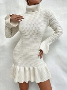 SHEIN Privé Turtleneck Flounce Sleeve Ruffle Hem Jumper Dress Without Belt - Beige - View 6