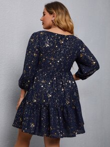 SHEIN LUNE Plus Star Print Bishop Sleeve Ruffle Hem Dress - Navy Blue - View 2