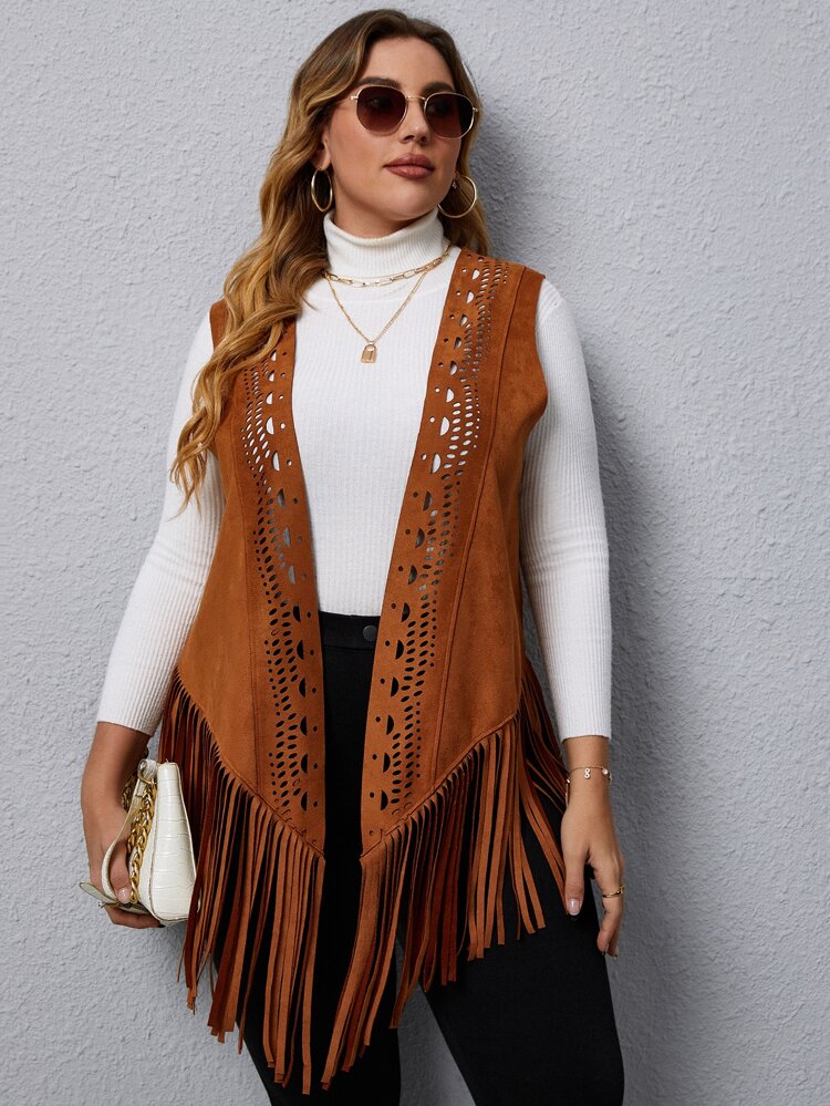 Plus Laser Cut Out Fringe Hem Open Front Suedette Vest Coat, For Winter Fall Autumn