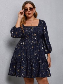 SHEIN LUNE Plus Star Print Bishop Sleeve Ruffle Hem Dress - Navy Blue - View 3