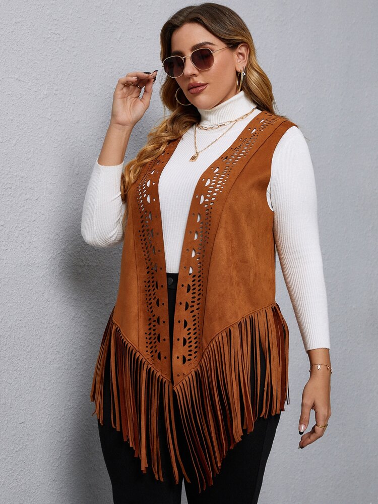 Plus Laser Cut Out Fringe Hem Open Front Suedette Vest Coat, For Winter Fall Autumn