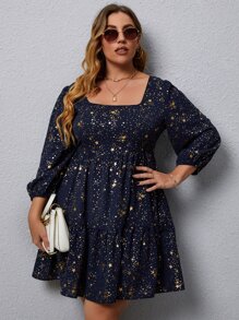 SHEIN LUNE Plus Star Print Bishop Sleeve Ruffle Hem Dress - Navy Blue - View 5