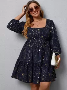 SHEIN LUNE Plus Star Print Bishop Sleeve Ruffle Hem Dress - Navy Blue - View 6