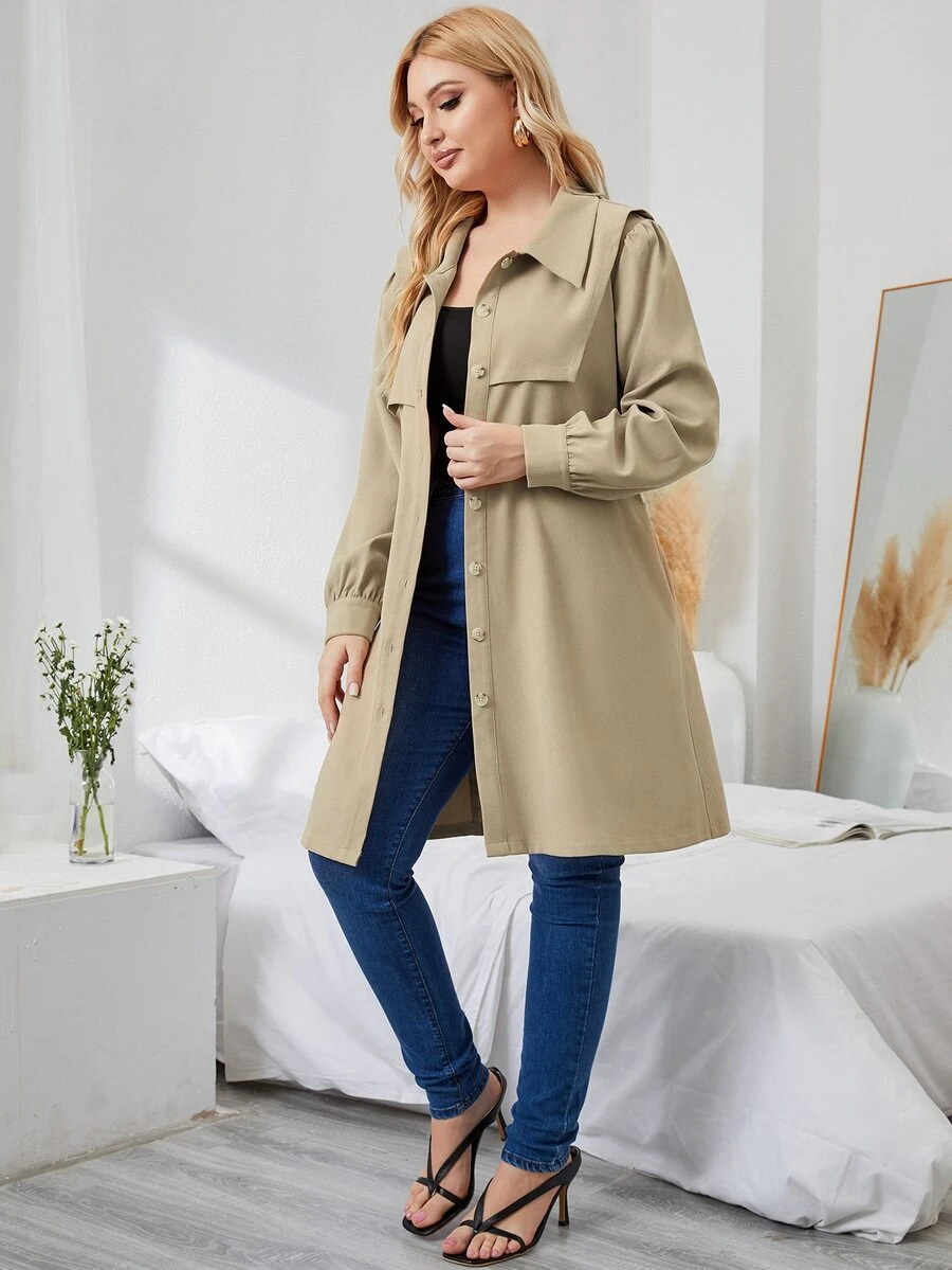 Plus Puff Sleeve Belted Coat - Khaki - View 1