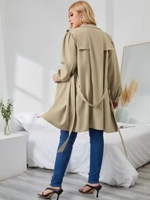 Plus Puff Sleeve Belted Coat - Khaki - View 2