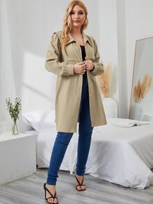 Plus Puff Sleeve Belted Coat - Khaki - View 3