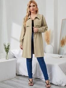 Plus Puff Sleeve Belted Coat - Khaki - View 4