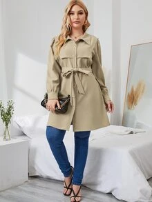 Plus Puff Sleeve Belted Coat - Khaki - View 5