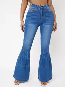 SHEIN SXY Quần jean nữ Nút Túi Dây kéo màu trơn - Rửa trung bình - Xem 1